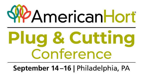 AmericanHort seedling and logo with Plug and Cutting Conference logo with date and location September 14-16 2026 in Philadelphia